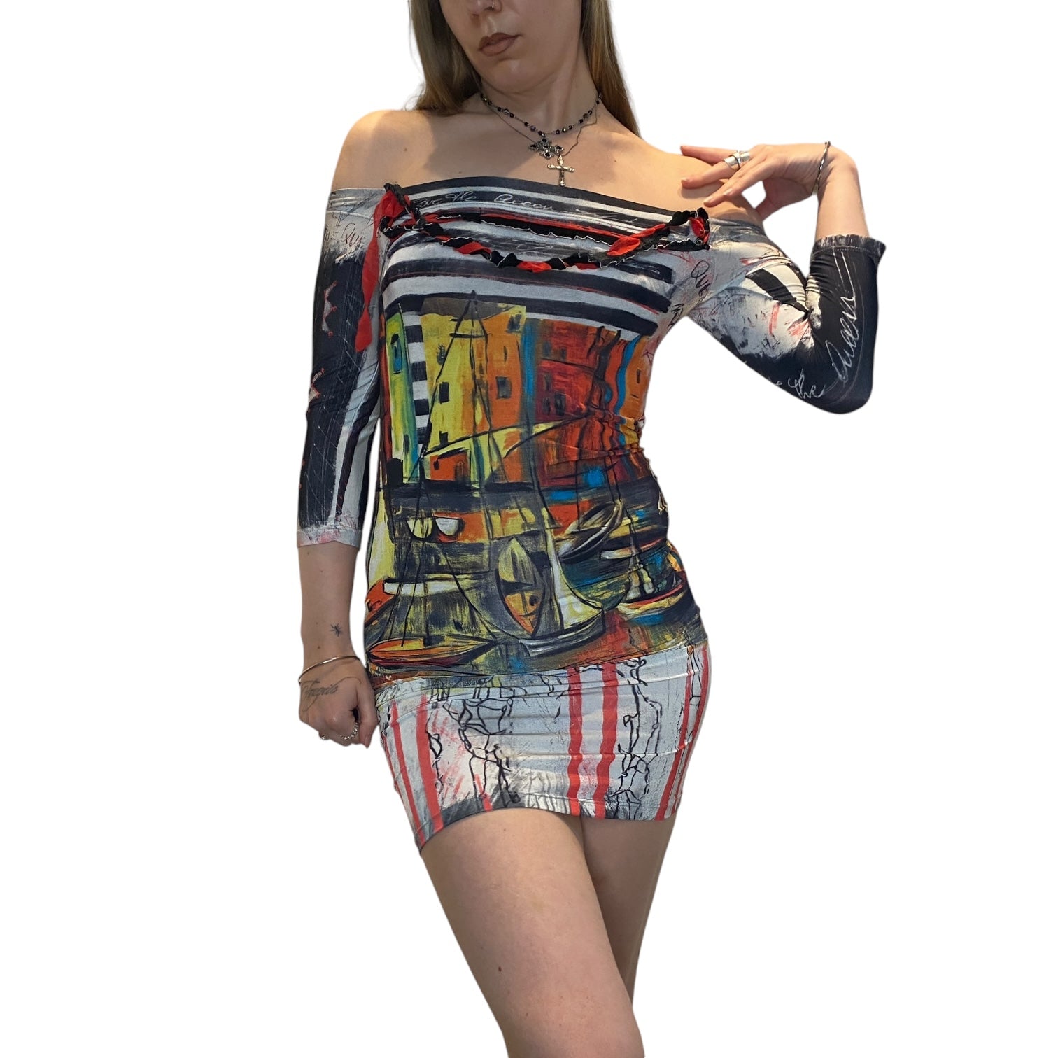 save the queen off the shoulder dress Vintage Save The Queen! Graphic Print Off the Shoulder Dress (S)