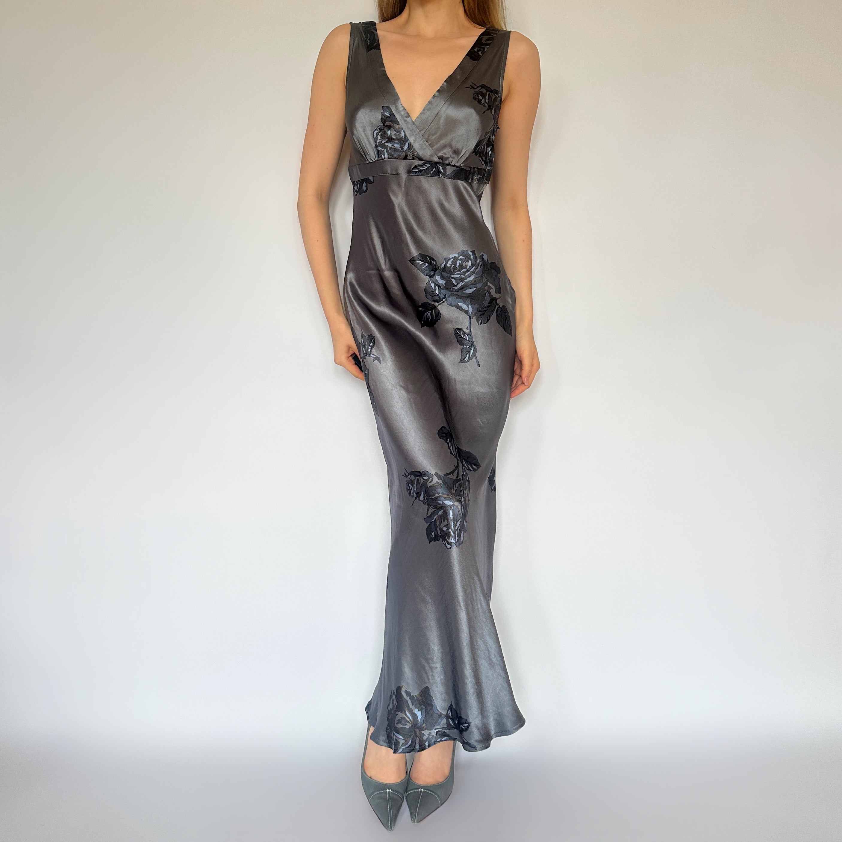 90s Muted Blue Floral Satin Maxi Dress (M)