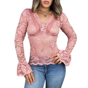 Vintage Blush Lace Bell Sleeve Blouse (S)