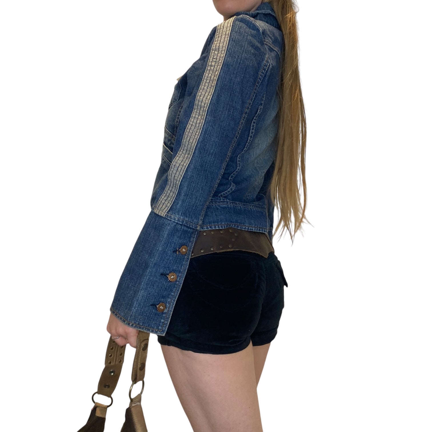 Y2K Asymetrical Zip Cropped Denim Moto Jacket (M)