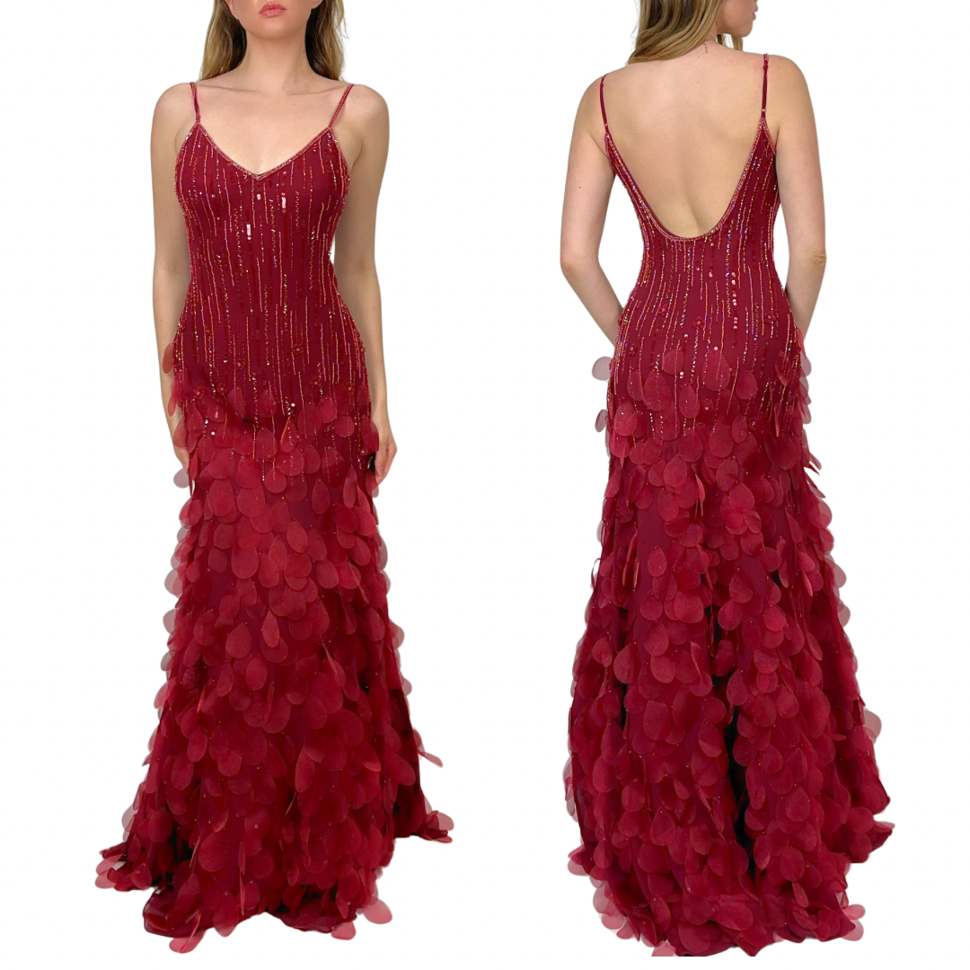 Sue Wong 90s Red Silk Flutter Gown (S)  Holy Thrift