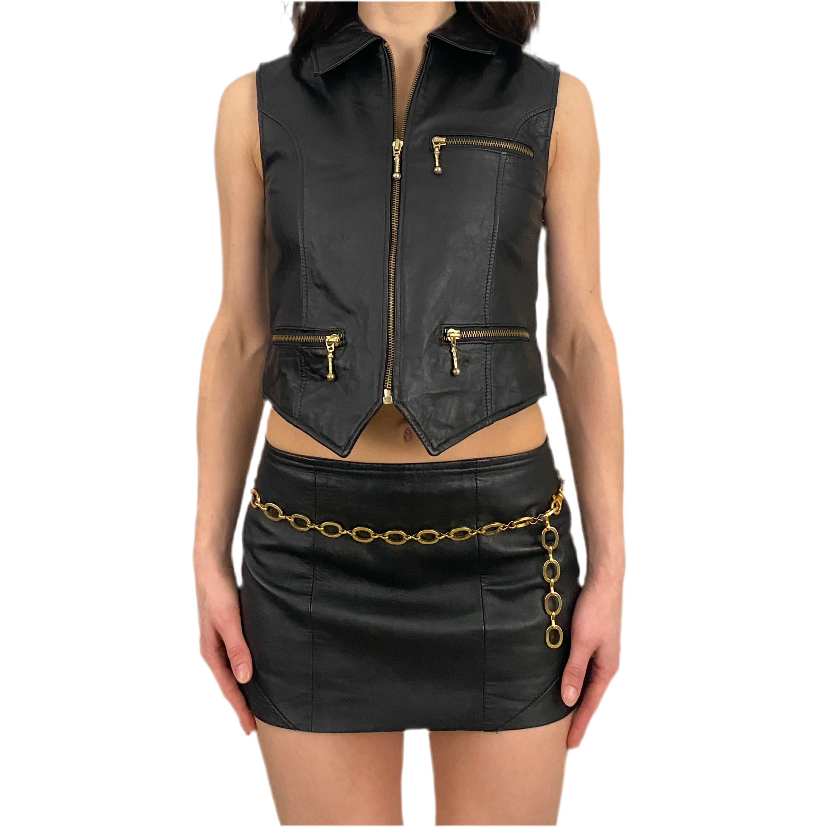 Leather & Gold Zip-Up Vest (XS)