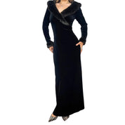 90s Fur Trim Velvet Maxi Dress (L)