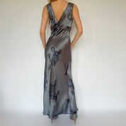 90s Muted Blue Floral Satin Maxi Dress (M)
