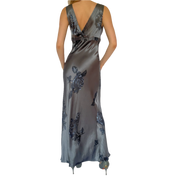 90s Muted Blue Floral Satin Maxi Dress (M)