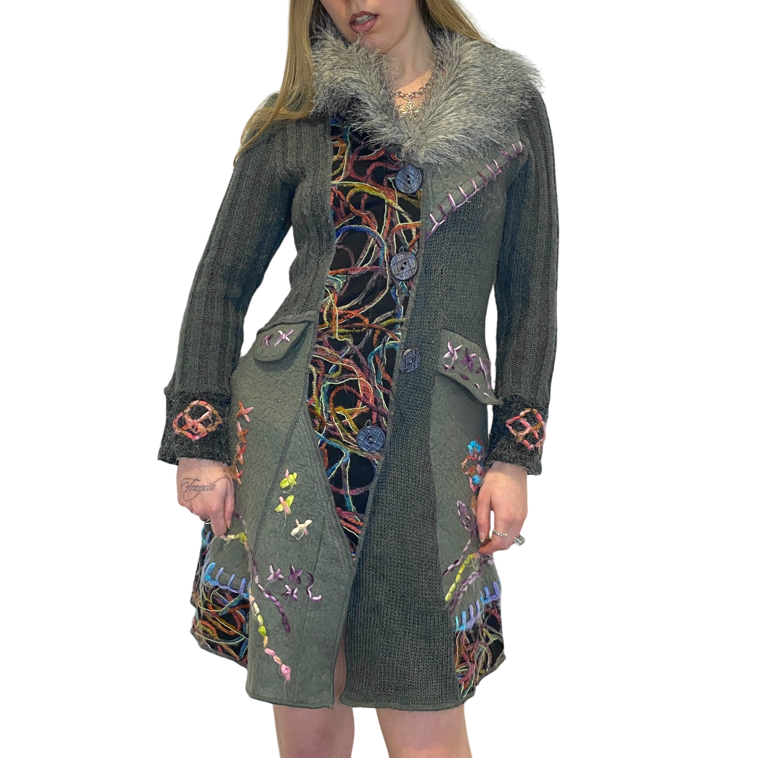 Vintage Boho Chic Fur Trim Maxi Cardigan (S/M)