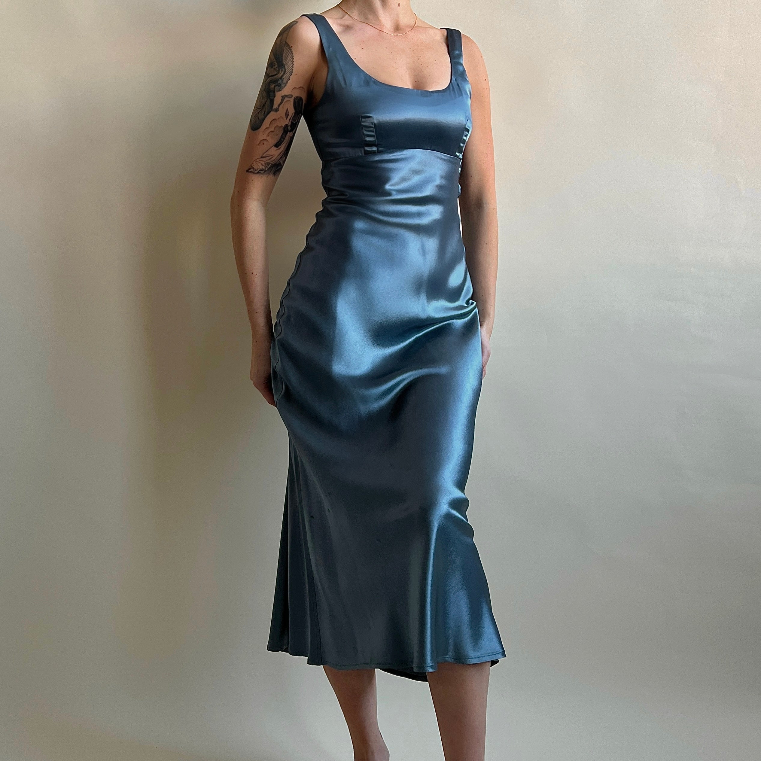 Vintage 90s dusty blue satin maxi dress (S/M) Vintage 90s dusty blue satin maxi dress (S/M)