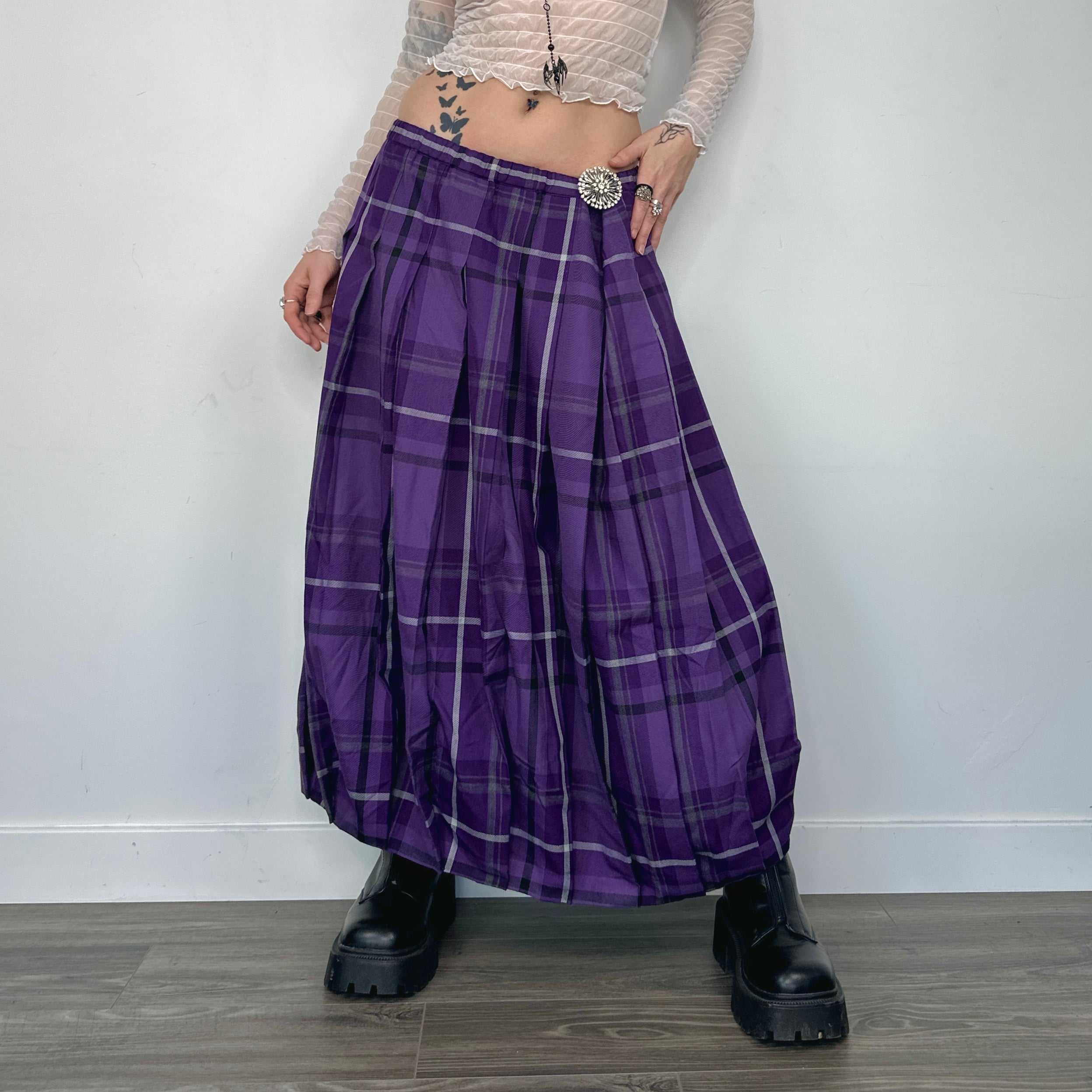 Purple Plaid Pleated Maxi Skirt L XL Holy Thrift