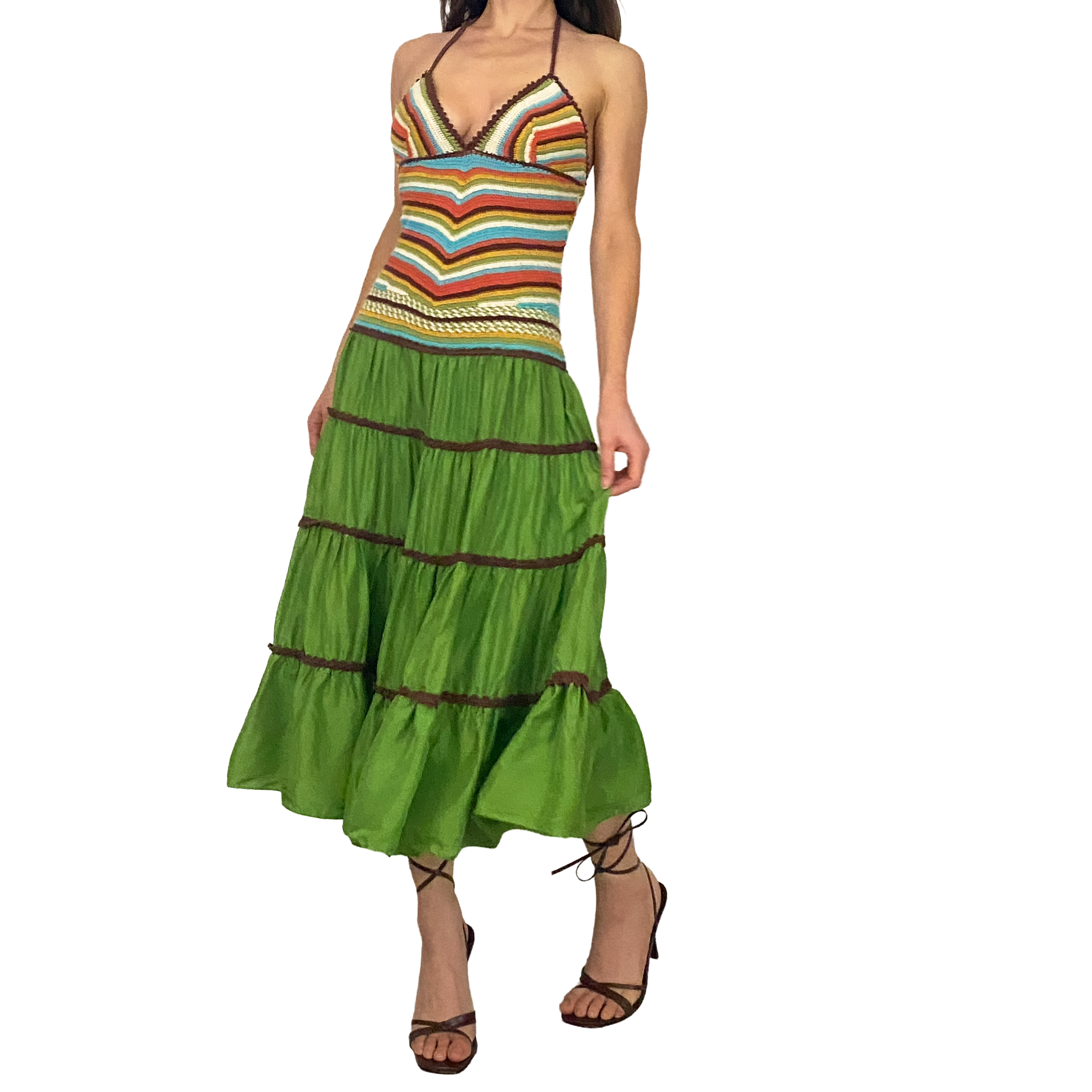 BCBGMAXAZRIA Colorful Silk Crochet A-Line Halter Midi Dress (S)