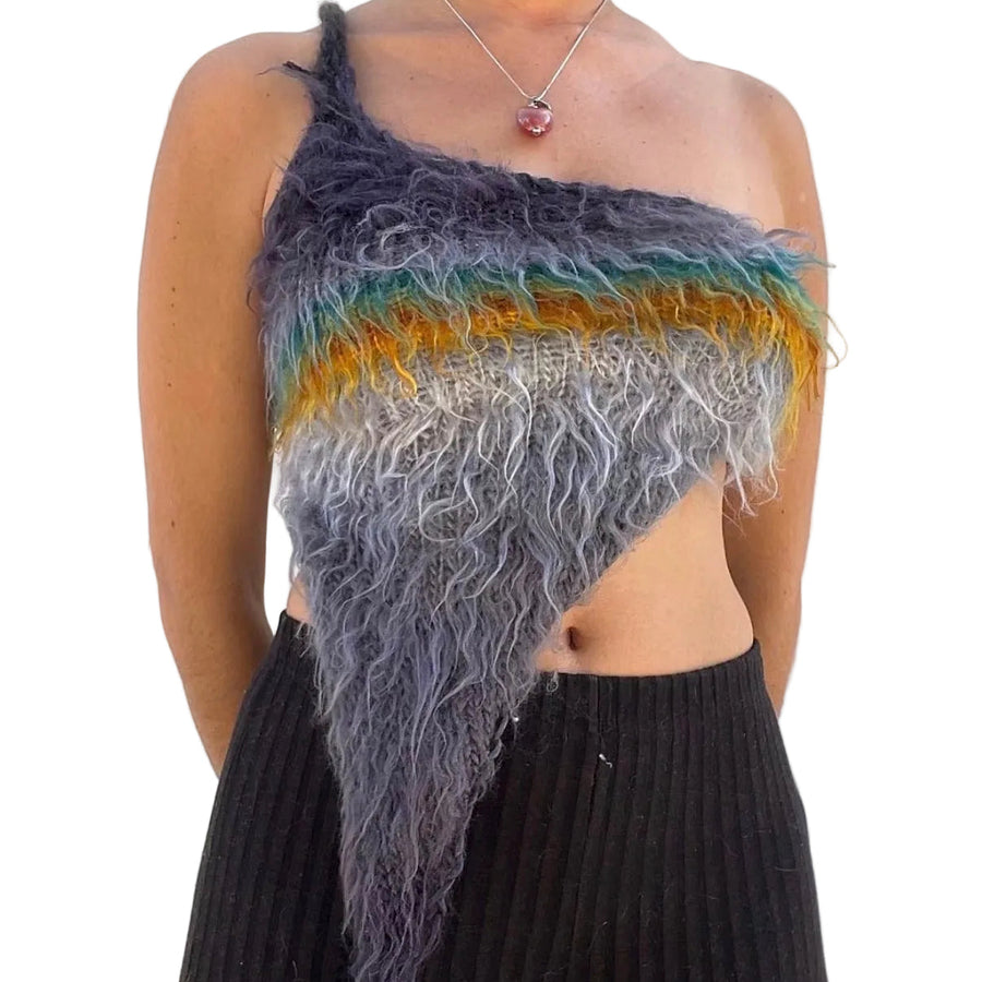 Gray Fuzzy Asymmetrical One Shoulder Knit Top (XS-XL)