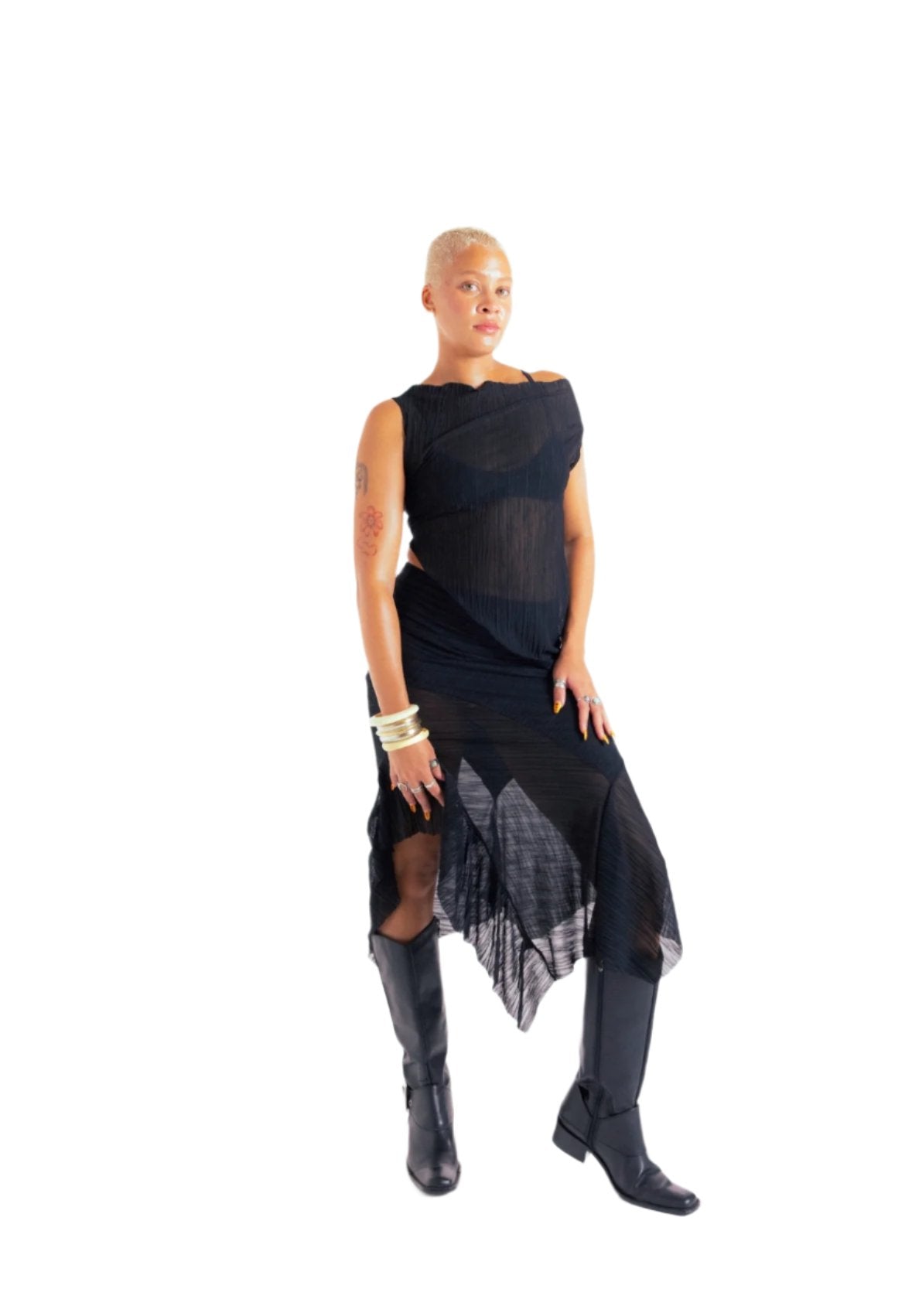 Black Crinkle Asymmetrical Tunic Top (XS-XL)