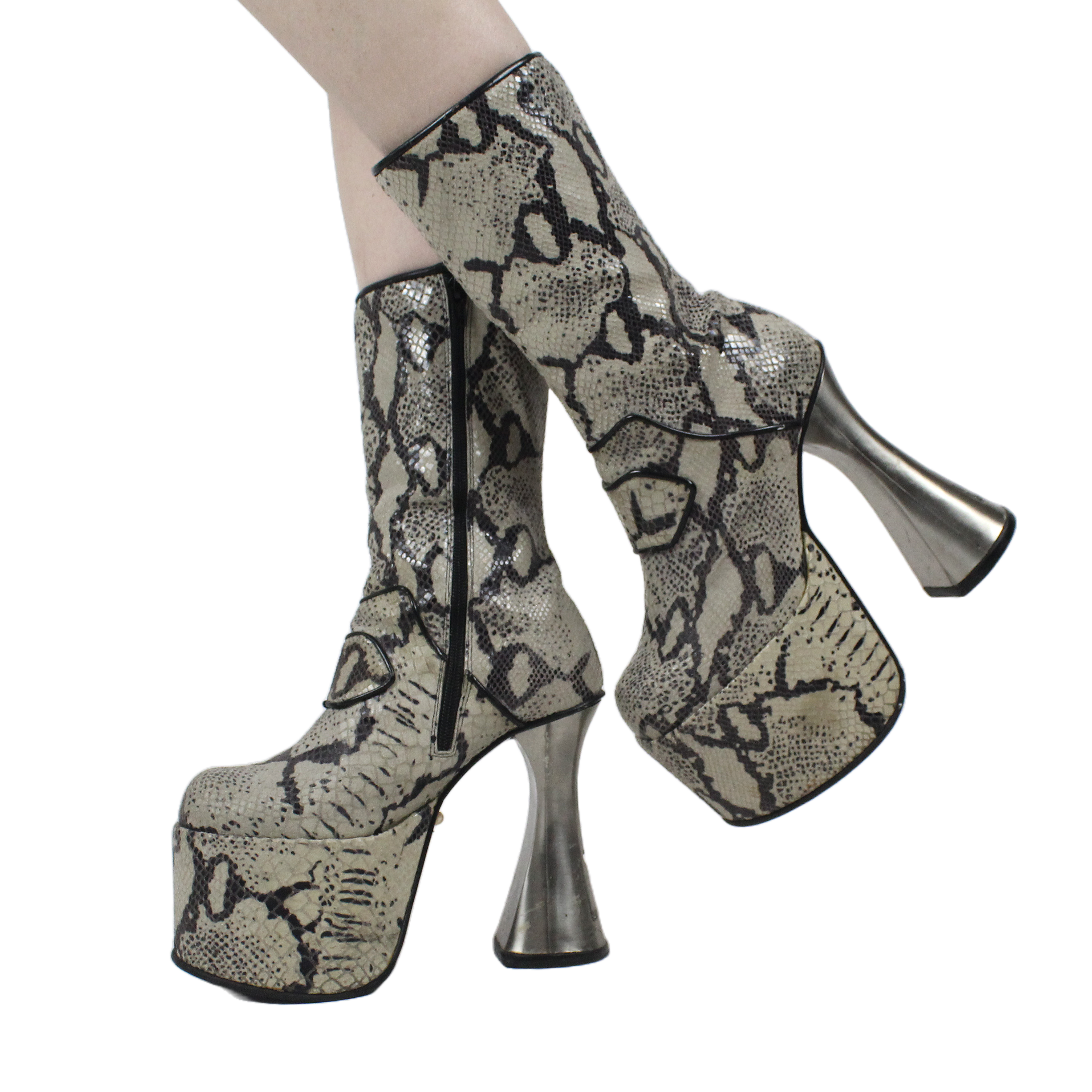 Escarpins Vintage Armuse à Bout Ouvert - Imitation Serpent Avec Bordure En Fourrure - Taille 39 - Marron - Occasion