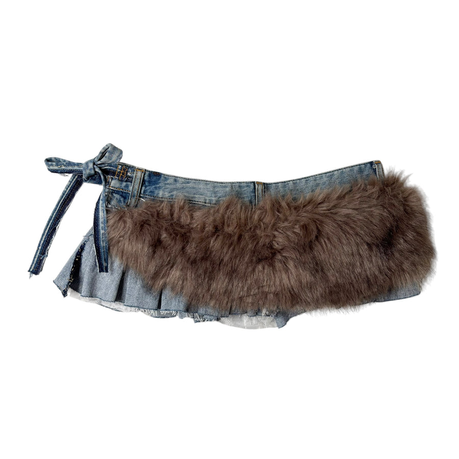 Upcycled Fur-Trim Denim Mini Skirt-Belt (S-M)