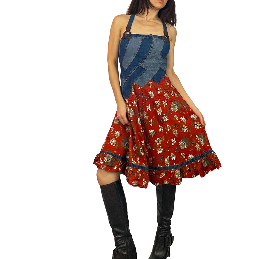 Betsey Johnson Vintage Black Label Denim Patchwork Floral Dress (S/M)