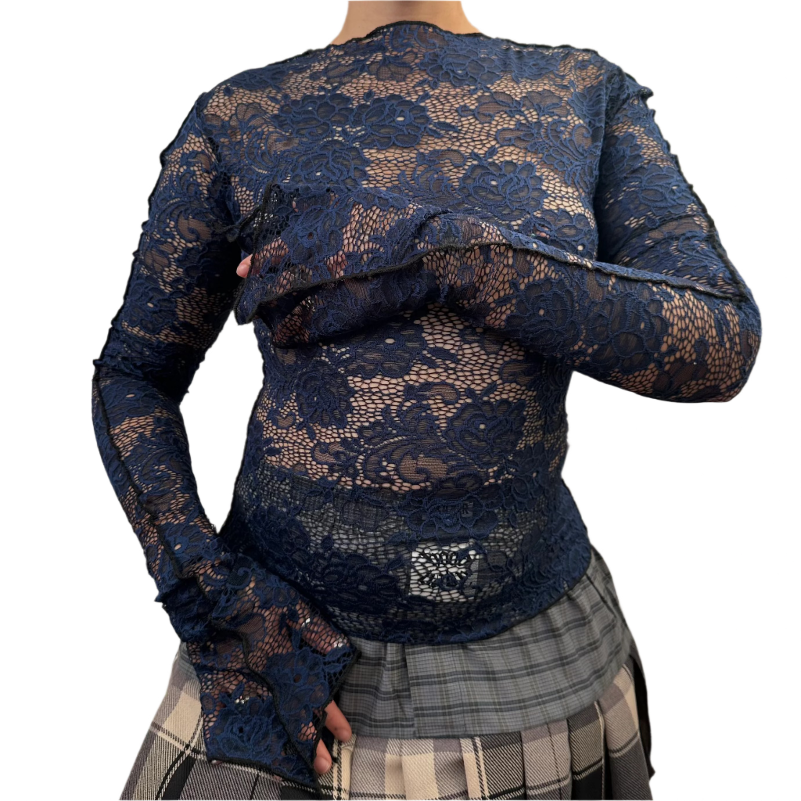 Navy Lace Elongated Sleeve Top (S/M)