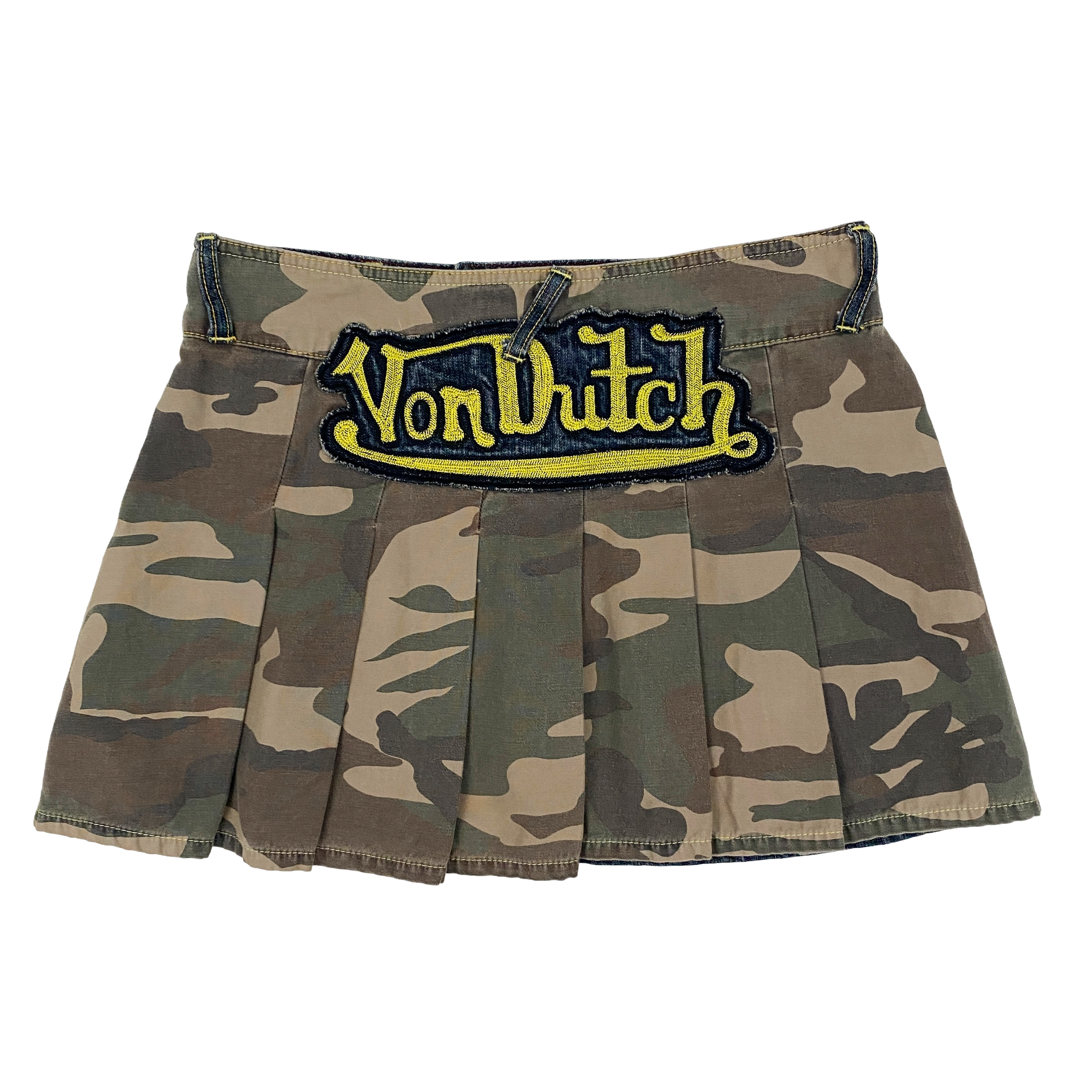 Von Dutch Denim & Camo Pleated Mini Skirt (XS) – Holy Thrift