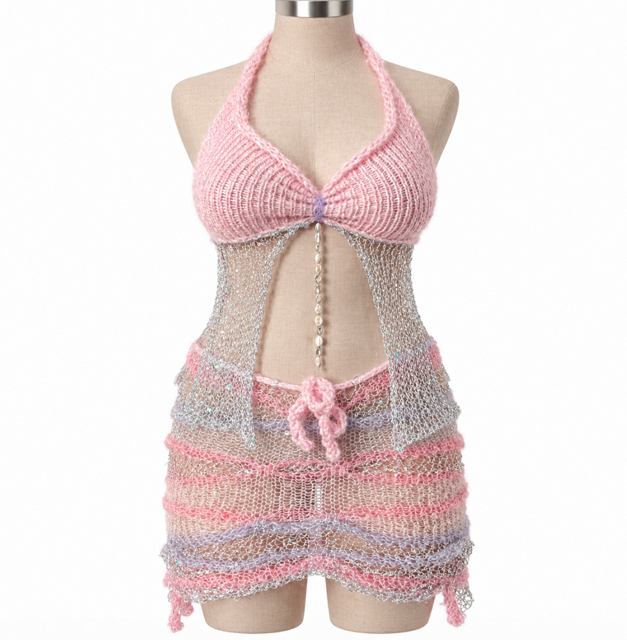 Pink Sheer Knit Halter Top & Mini Skirt Set (XS-2XL)
