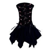 90s Embroidered Floral Strapless Dress (XS)