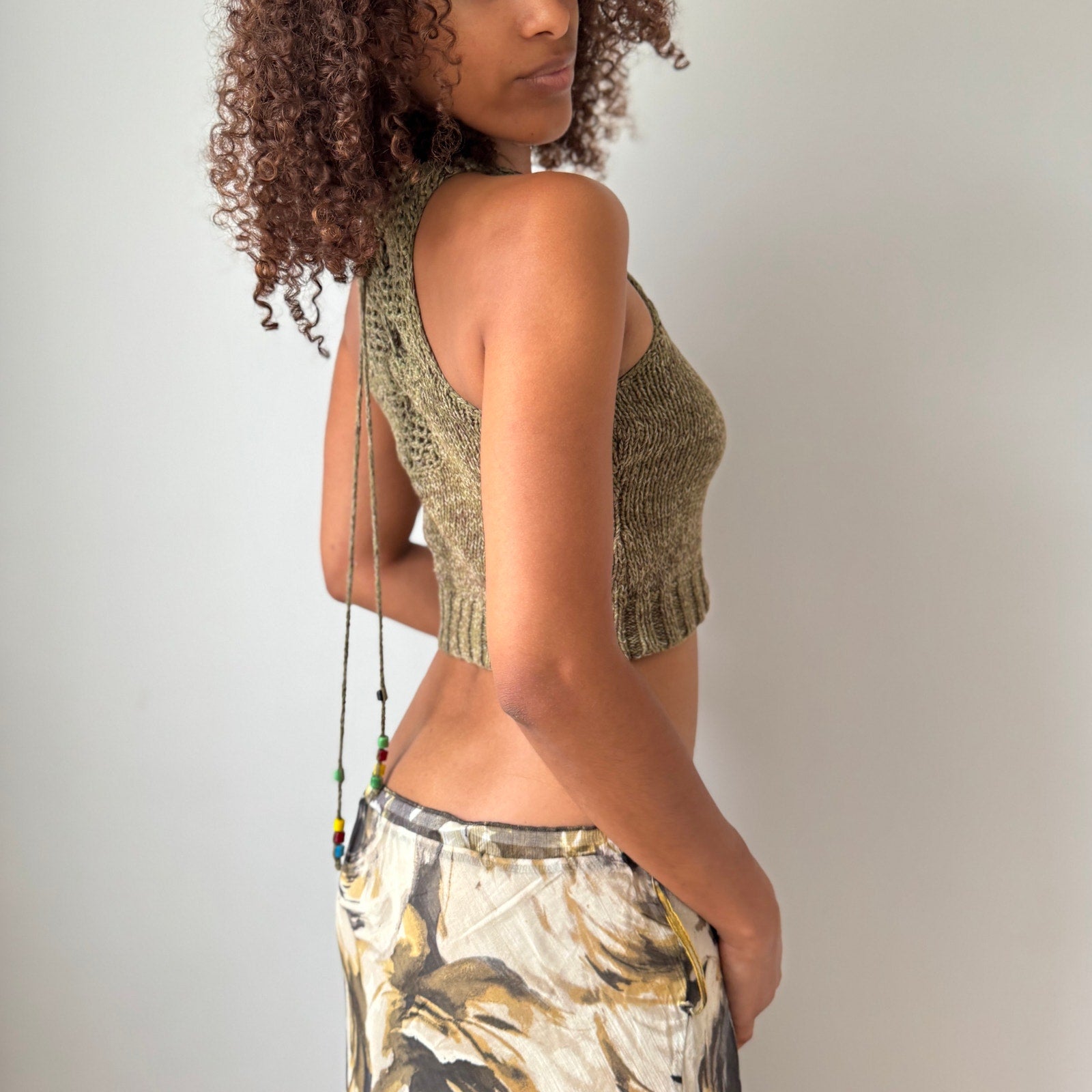 Miss Sixty Beaded Knit Halter Top in Olive (S)