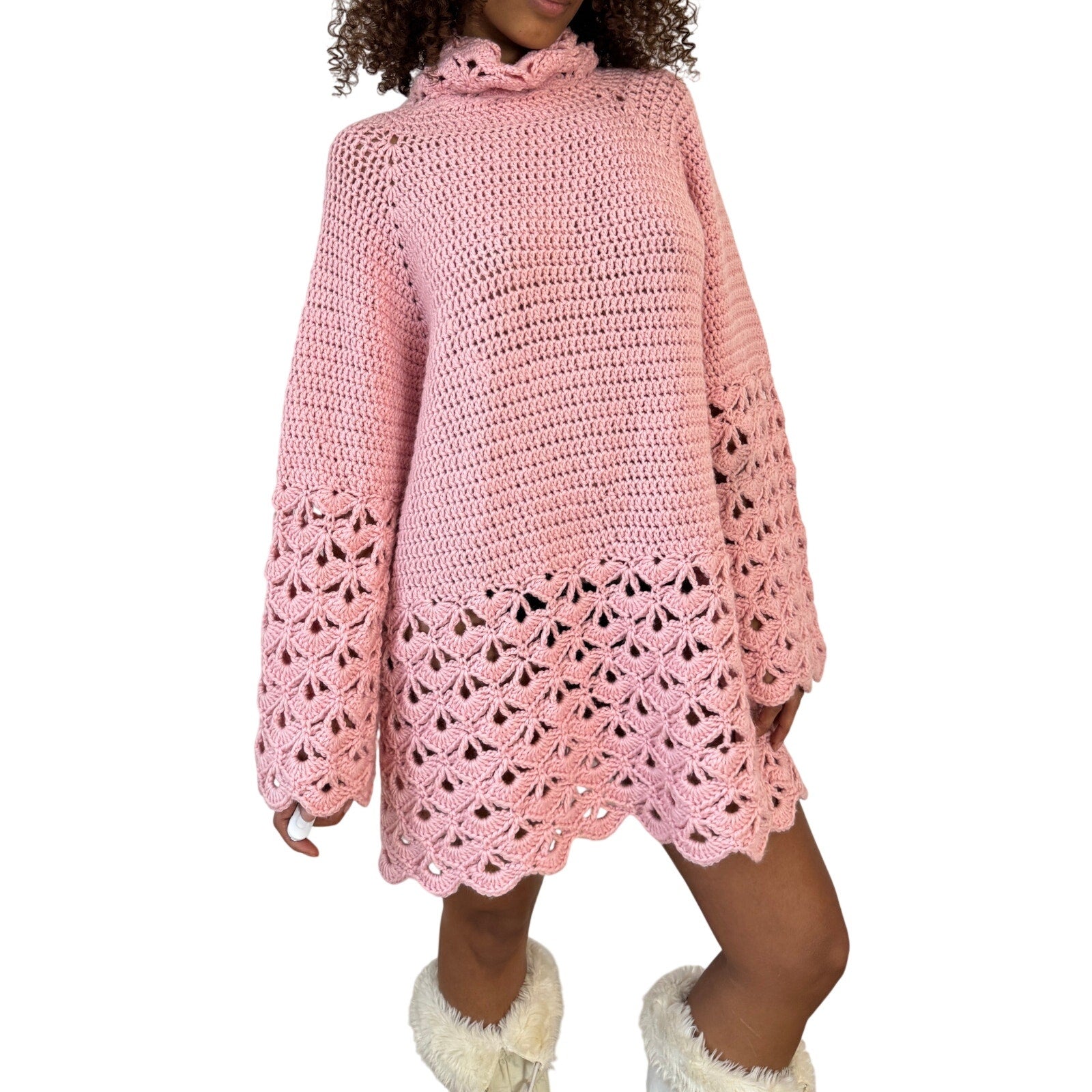 Vintage Euro Pink Crochet Knit Mini Dress (One Size) Holy Thrift Vintage Euro Pink Crochet Knit Mini Dress (One Size) Holy Thrift