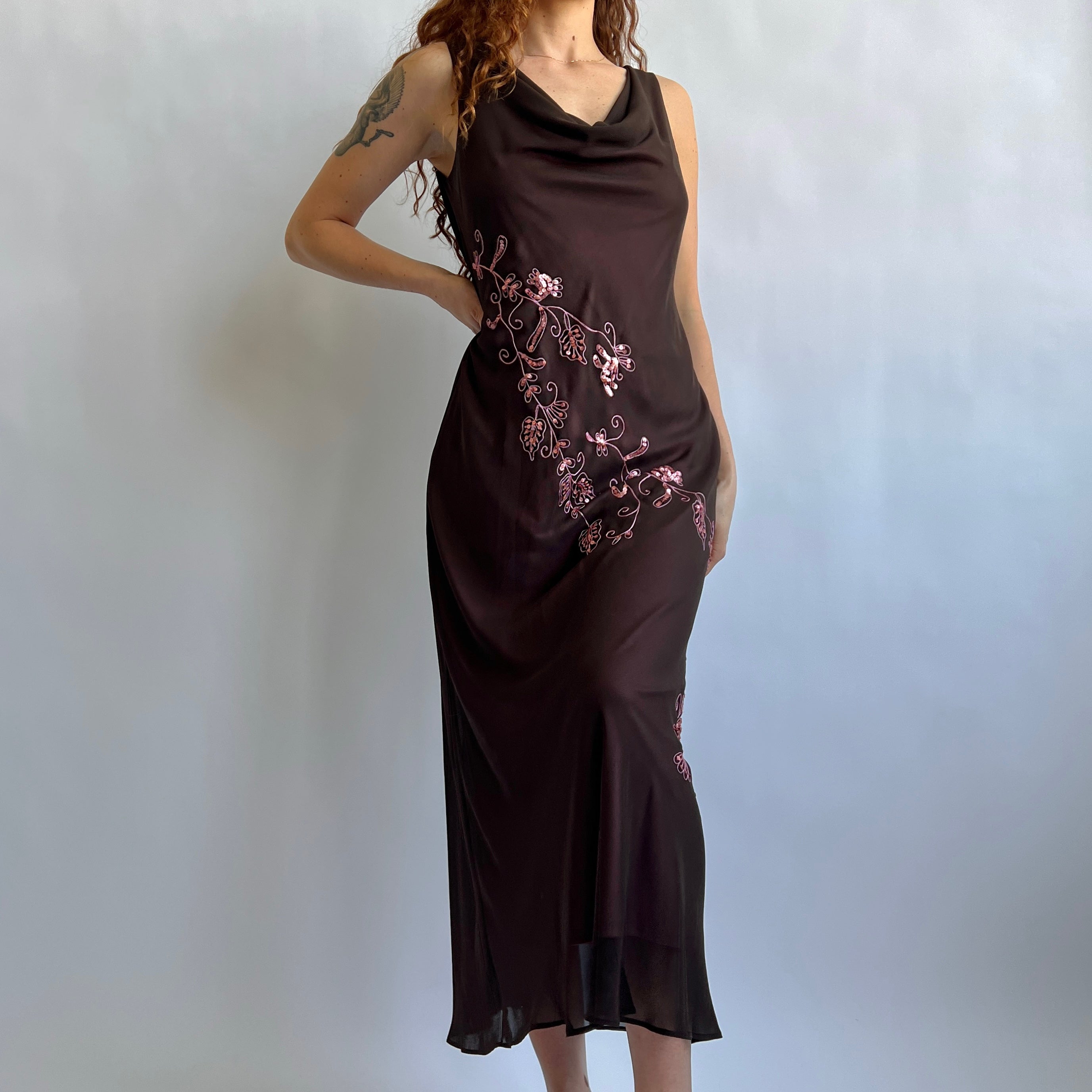 90s brown embroidered pink maxi dress (XL)