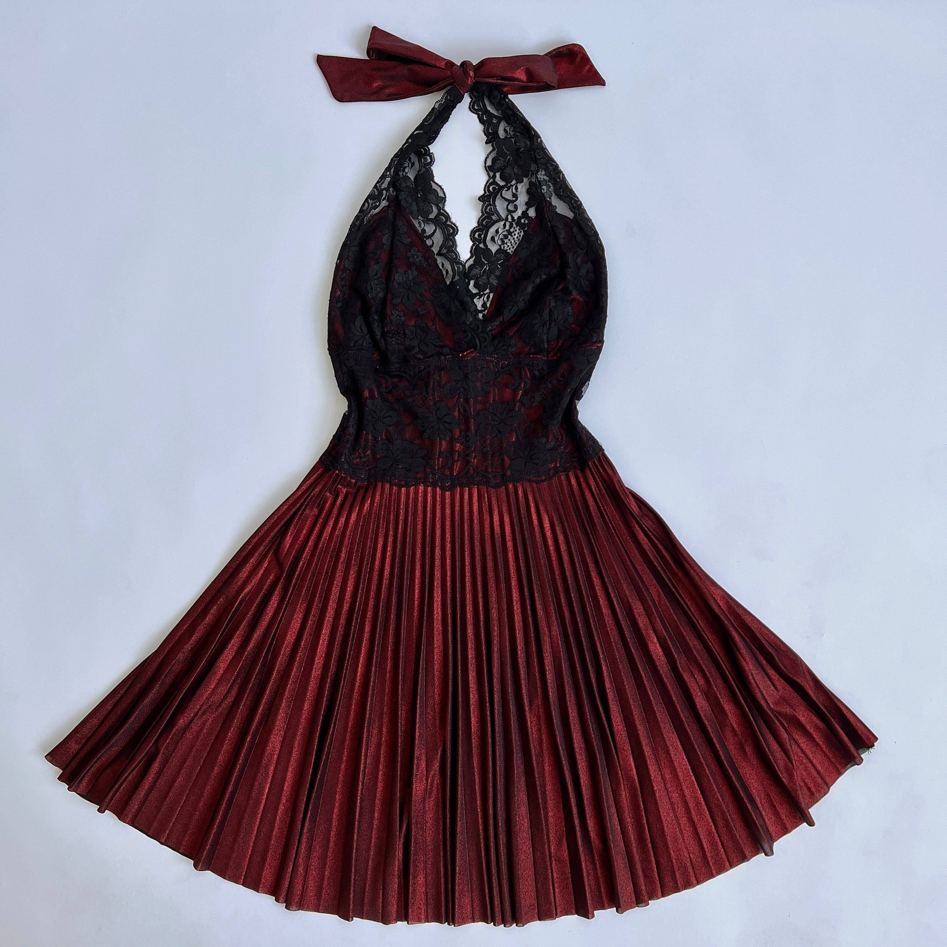 90s garnet & black lace pleated halter dress