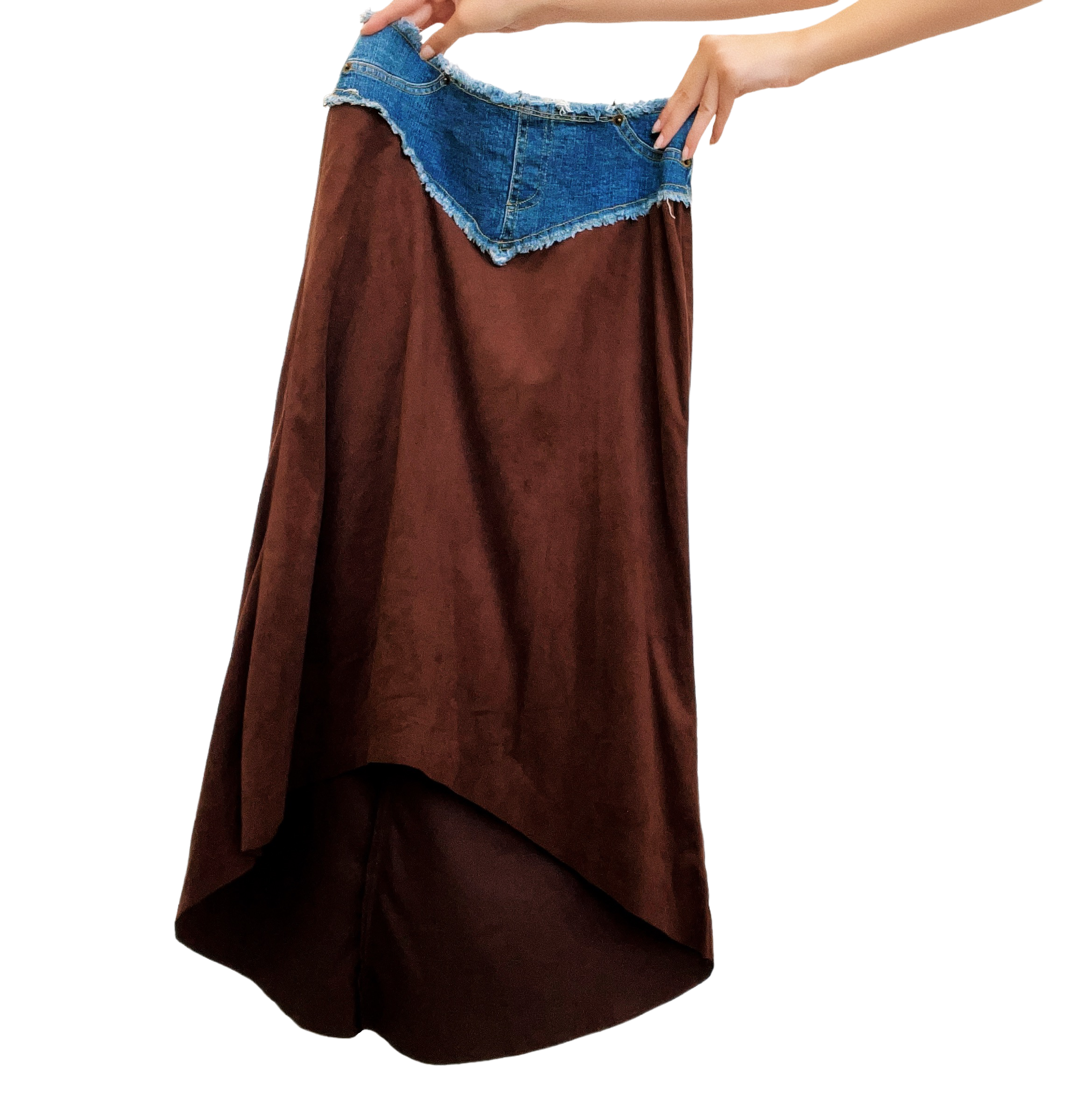 90s Denim & Faux Suede Midi Skirt (XS)