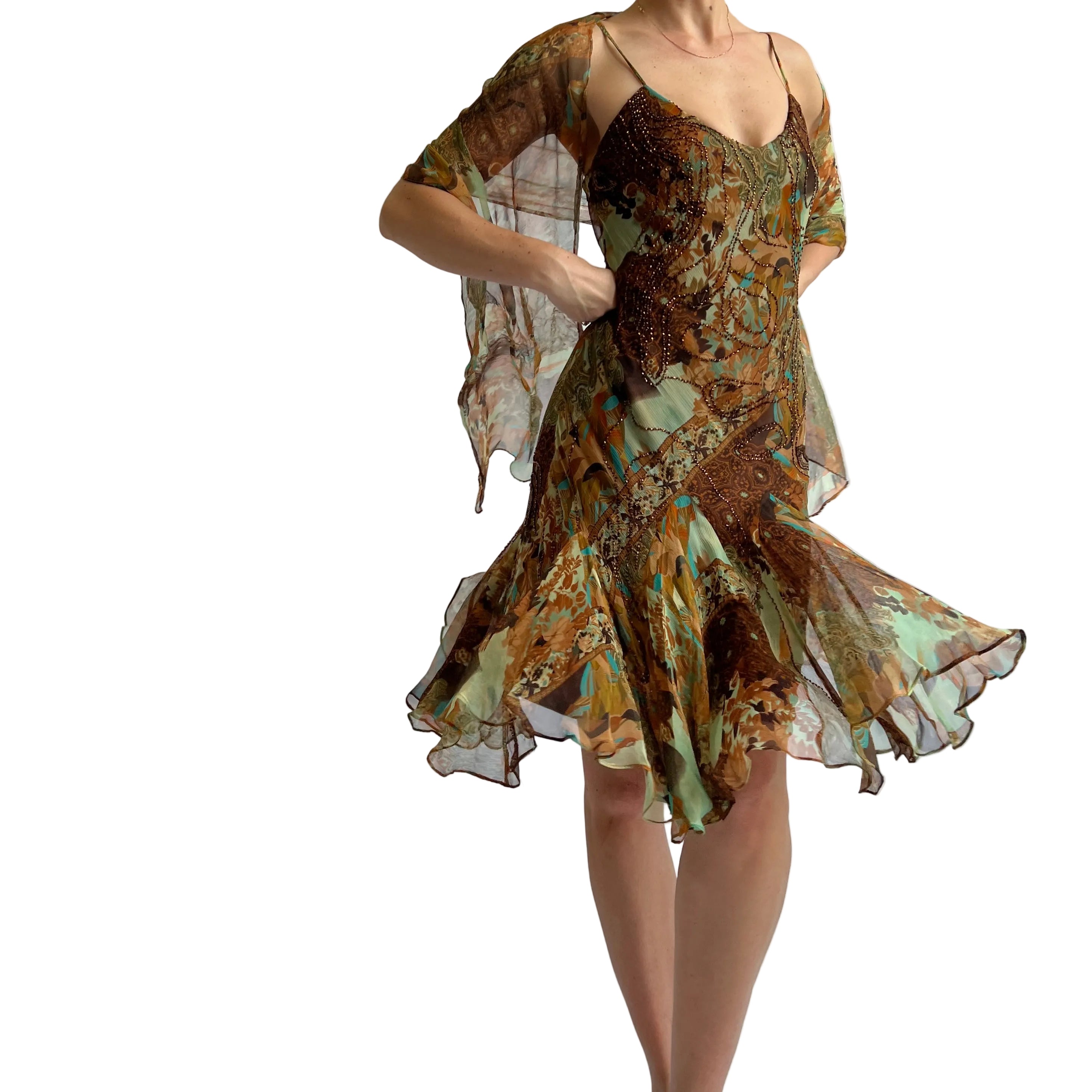 Vintage silk print beaded fairy dress + scarf - M/L Vintage silk print beaded fairy dress + scarf - M/L