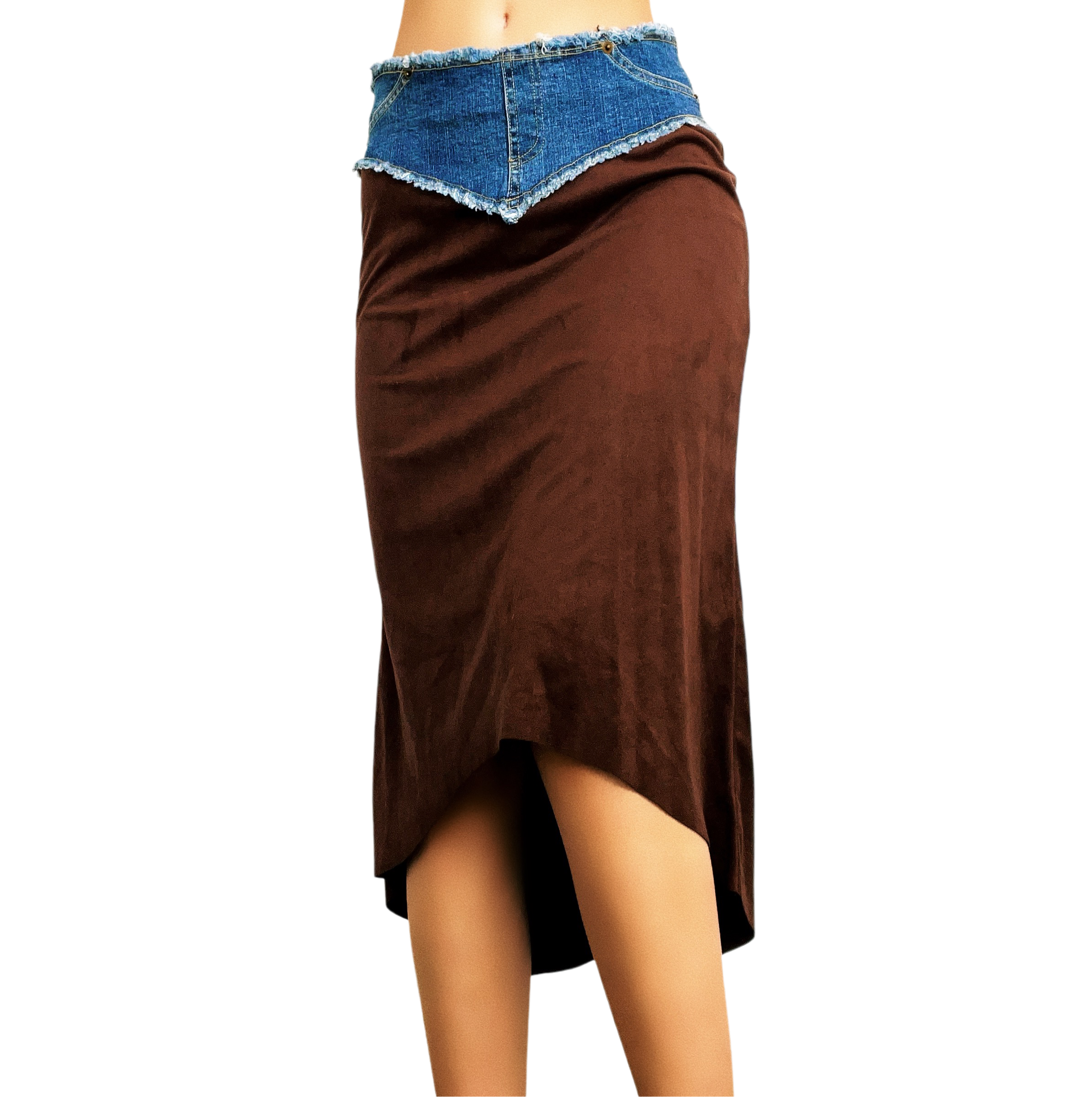 90s Denim & Faux Suede Midi Skirt (XS)