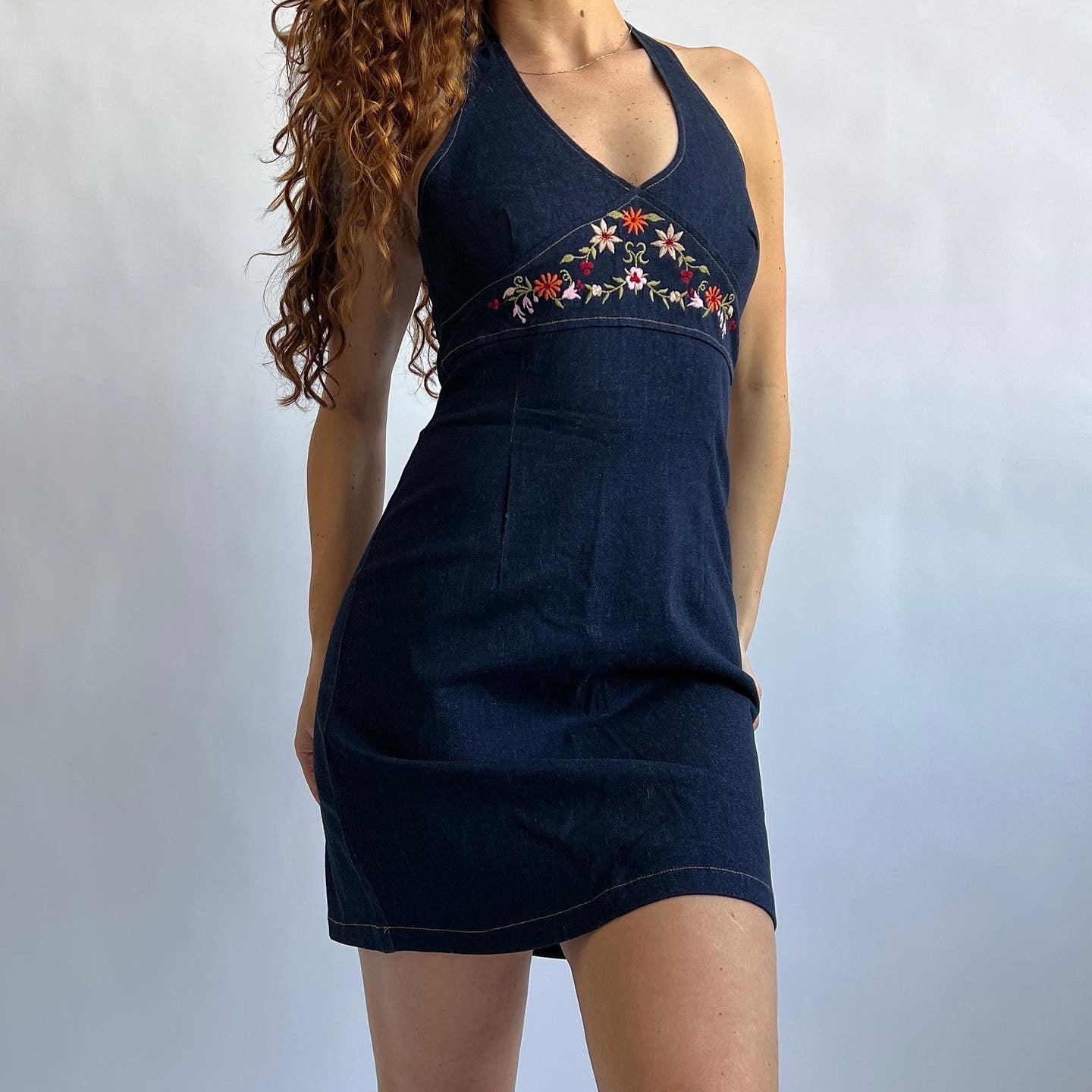 Y2K Denim halter dress (M/L) – Holy Thrift