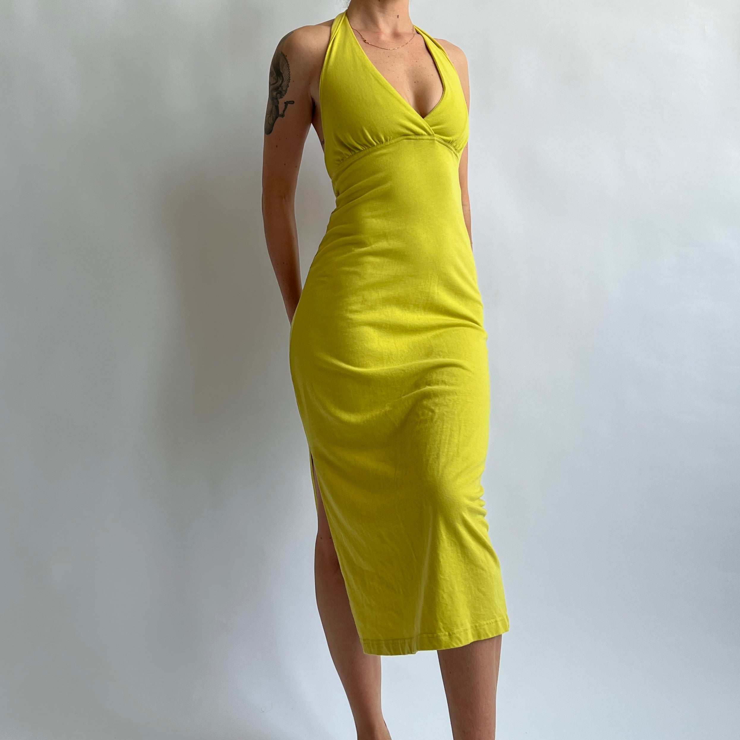 Y2K chartreuse halter maxi dress