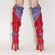 Purple Denim & Pink Leather Knee High Boots (5-15)