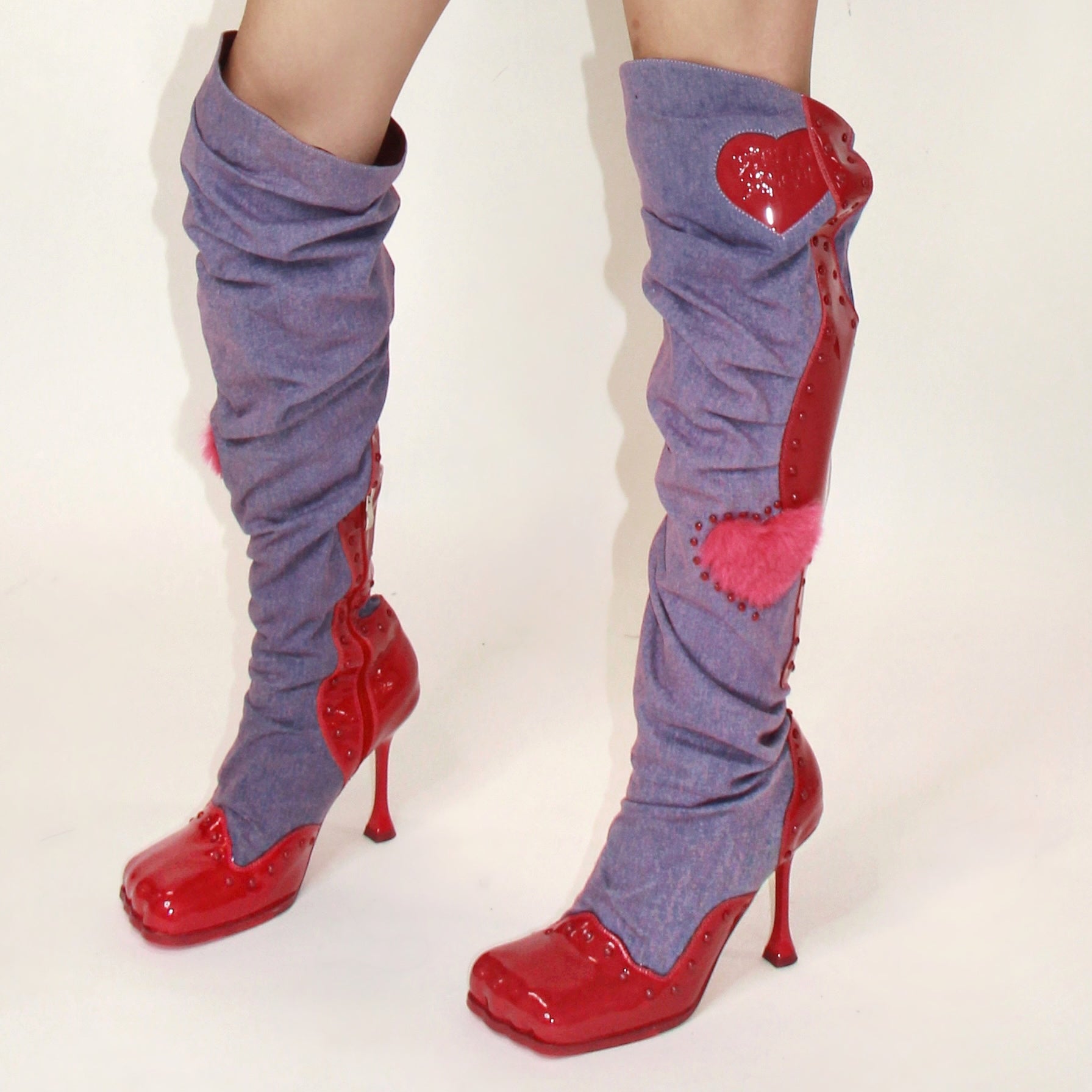 Purple Denim & Pink Leather Knee High Boots (5-15)