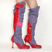 Purple Denim & Pink Leather Knee High Boots (5-15)