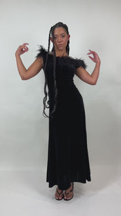 90s Noir Velvet Feather Gown (M)
