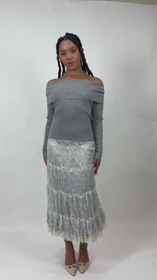 Vintage Silver Beaded Lace Maxi Skirt (S/M)