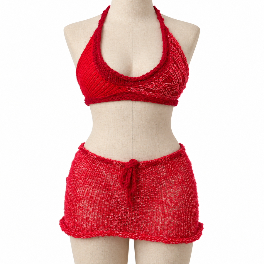 Red Sheer Knit Bikini Top & Mini Skirt Set(XS-2XL) (Copy)