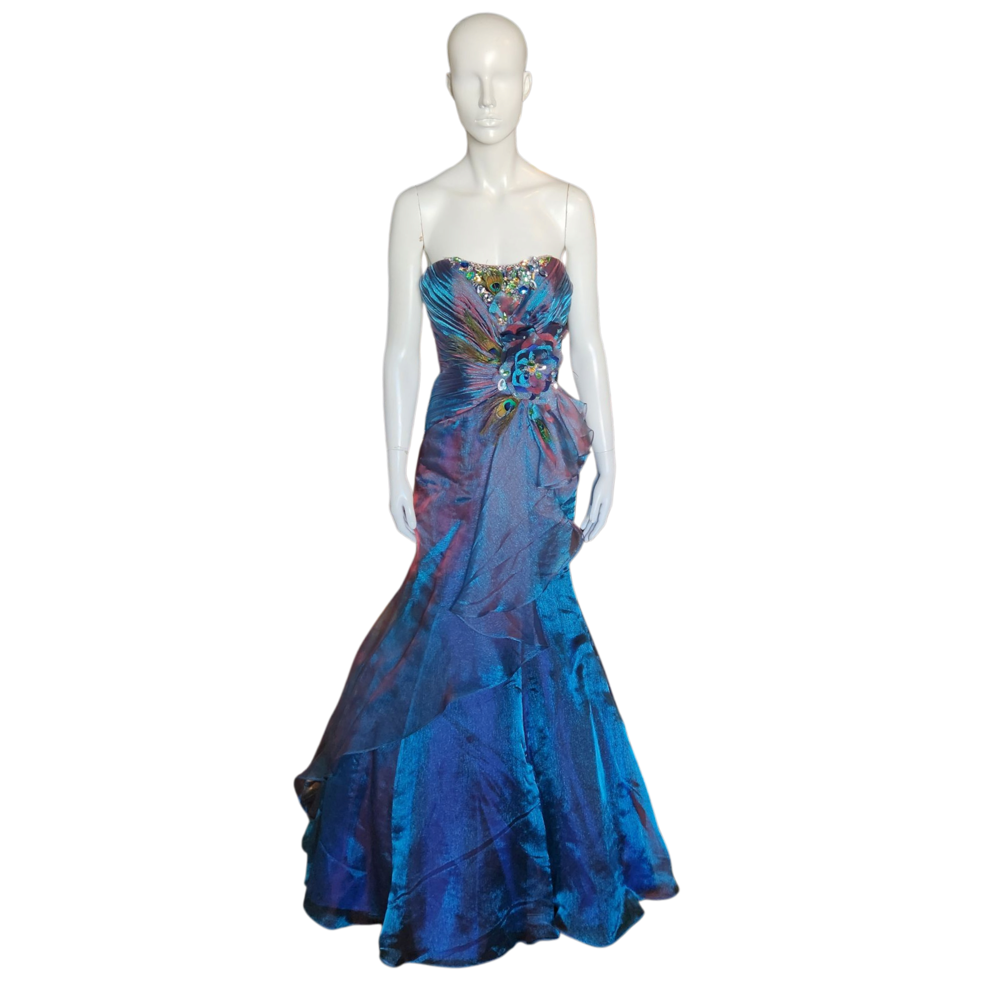 Peacock Strapless Flutter Formal Dress (S)