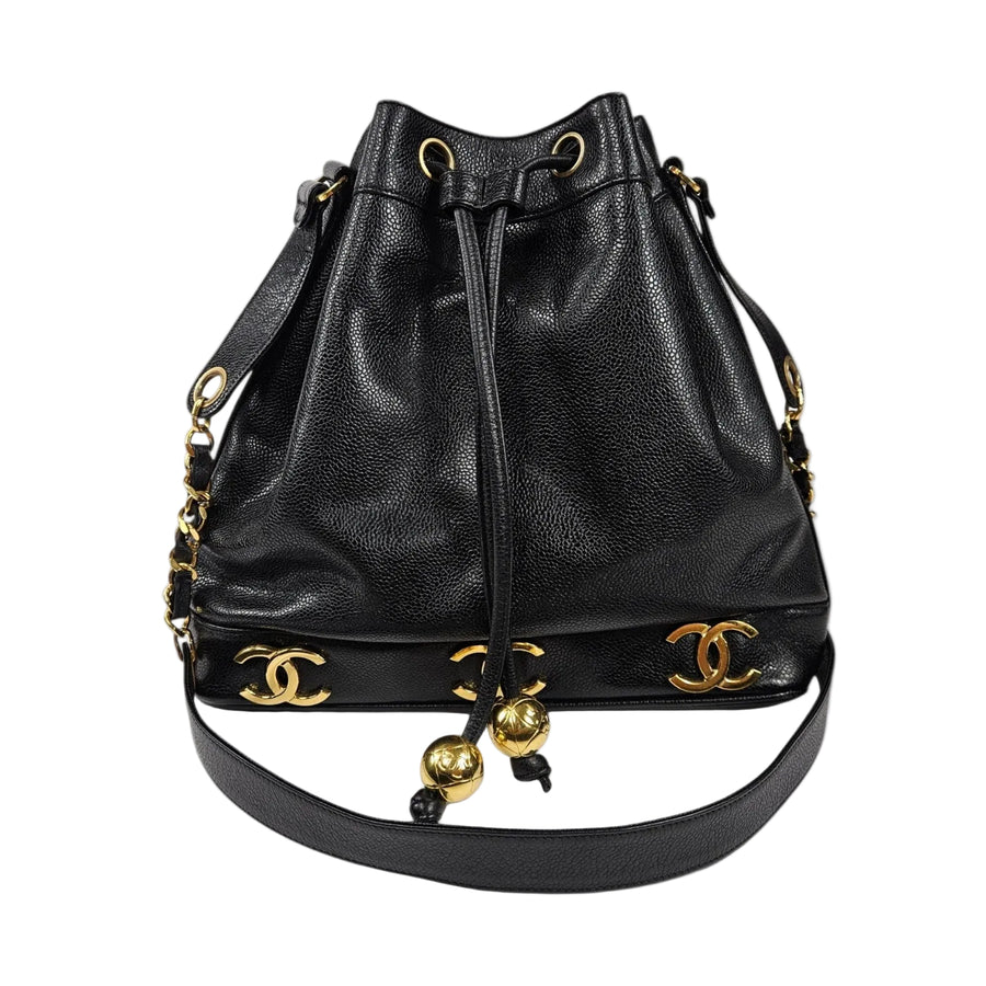 Vintage 90's Chanel Large Triple CC Bucket Bag Black Caviar Leather