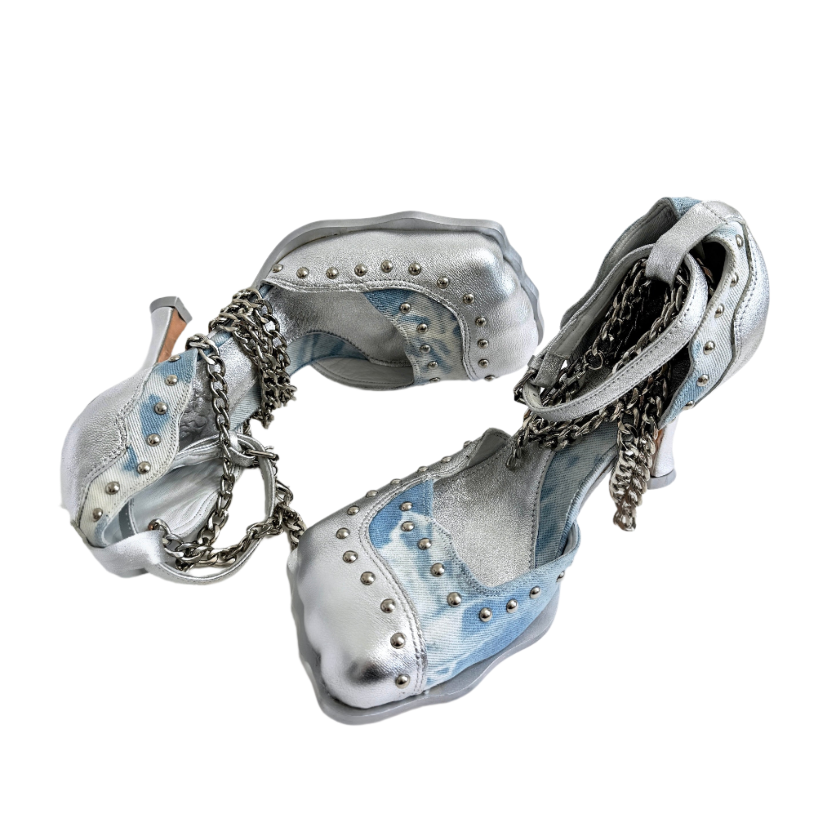 Denim & Silver Studded 4 Toe Pump (5-15)