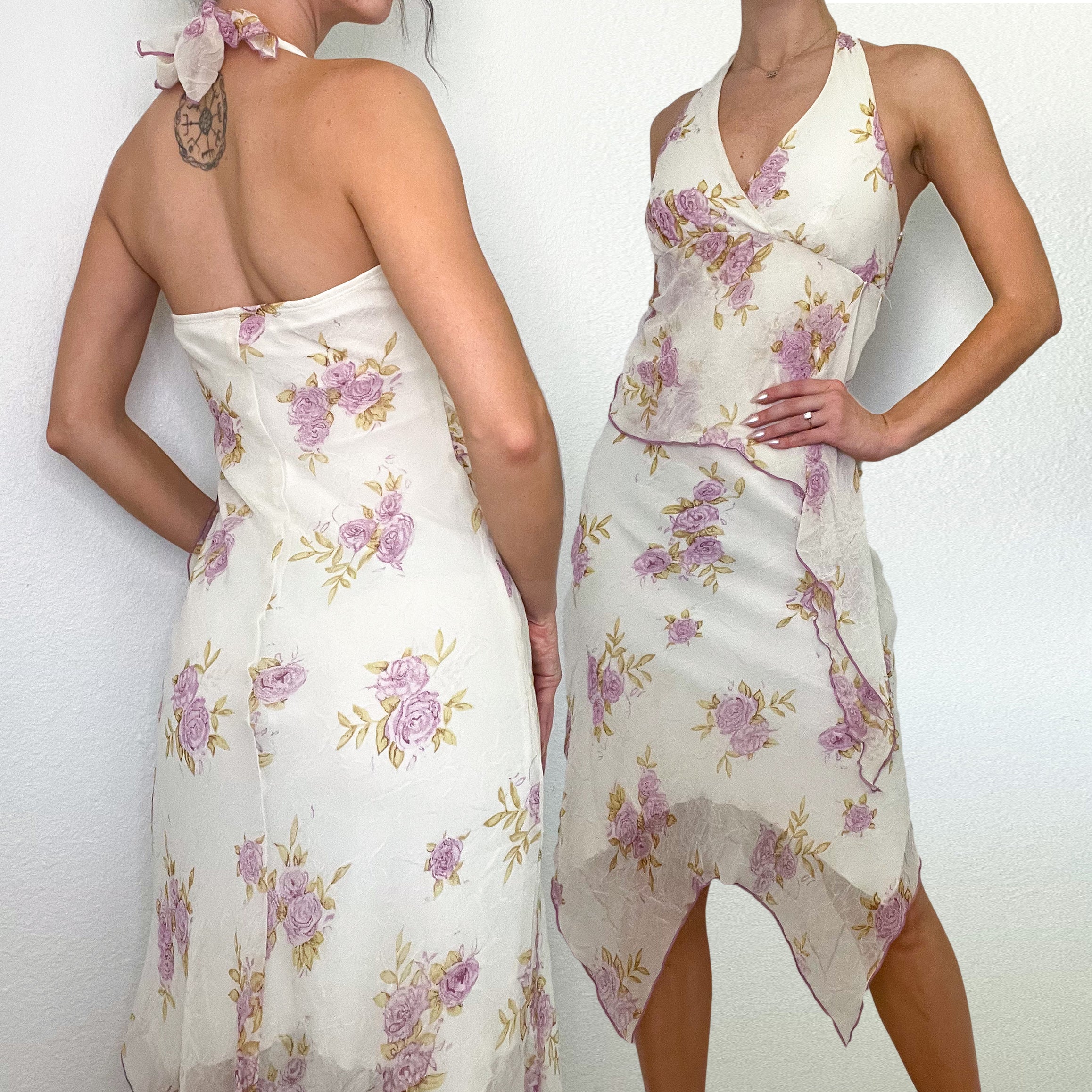 White Floral Early 2000s Halter Midi Dress (S) White Floral Early 2000s Halter Midi Dress (S)