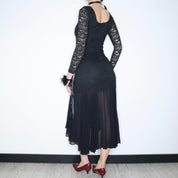 90s LAUNDRY by SHELLI SEGAL Black Lace Gown (S)