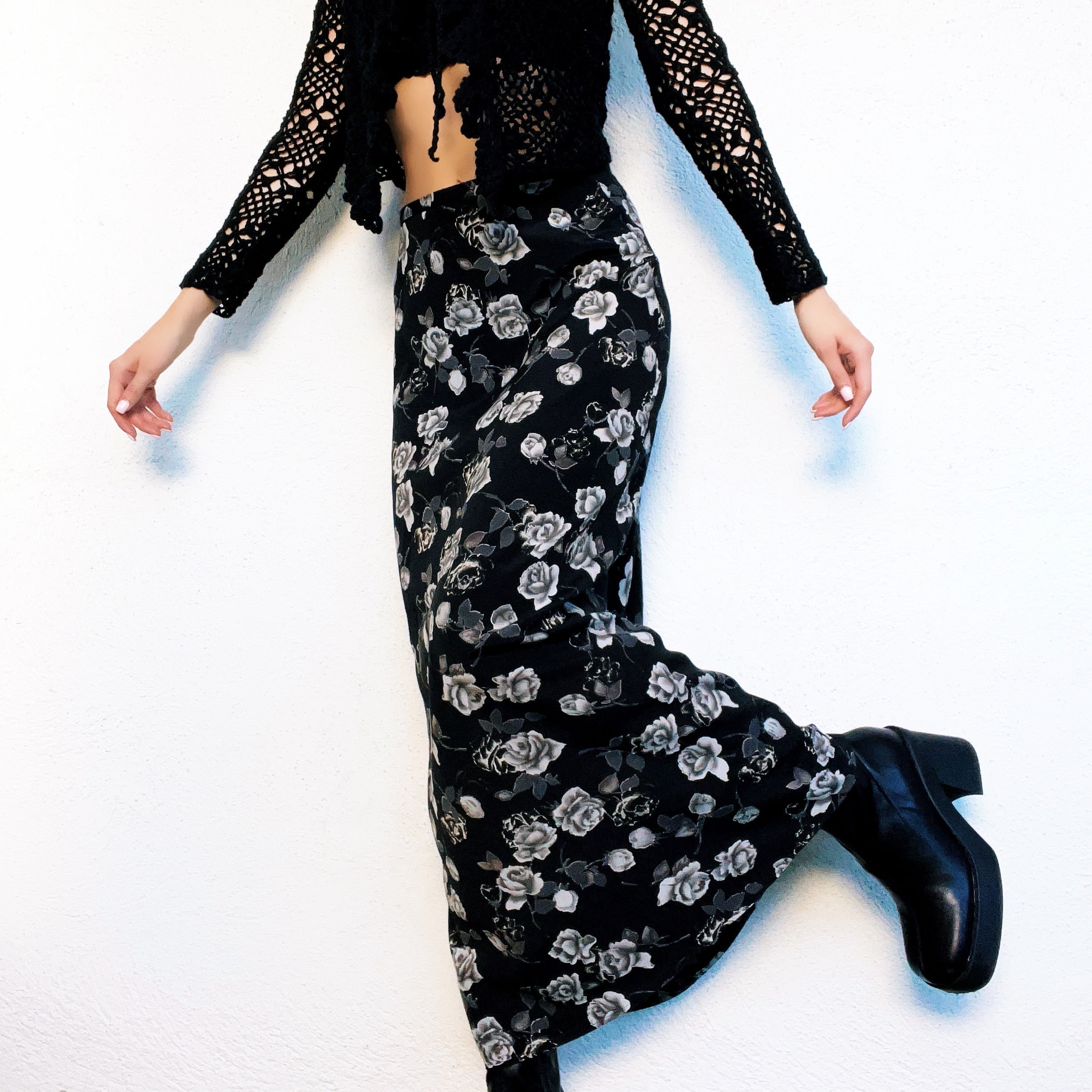 90s Black Floral Maxi Skirt - Main Image