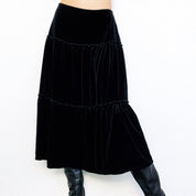 90s Black Velvet Tiered Midi Skirt