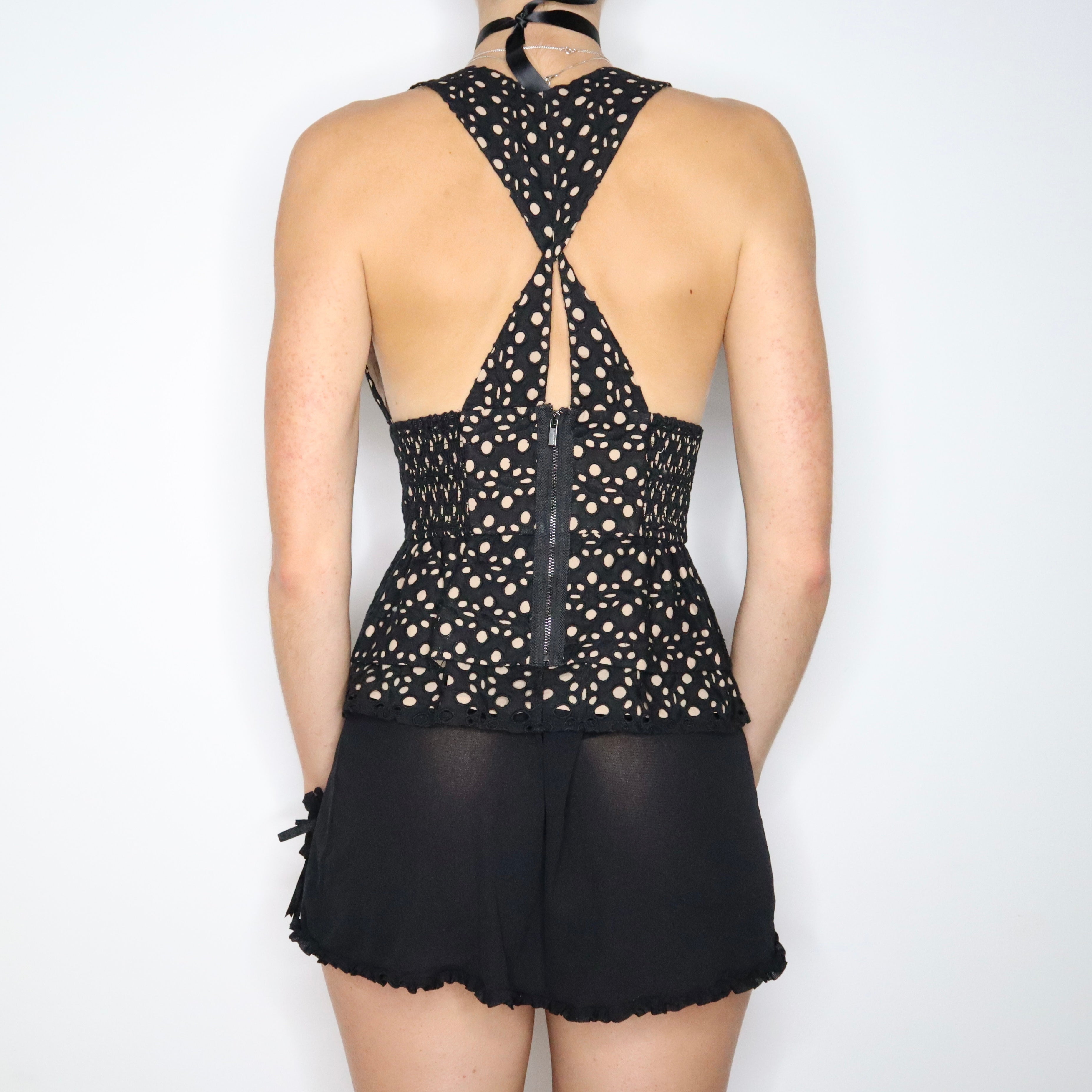 Vintage Y2K Black Eyelet Lace Top (XS)