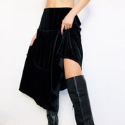 90s Black Velvet Tiered Midi Skirt