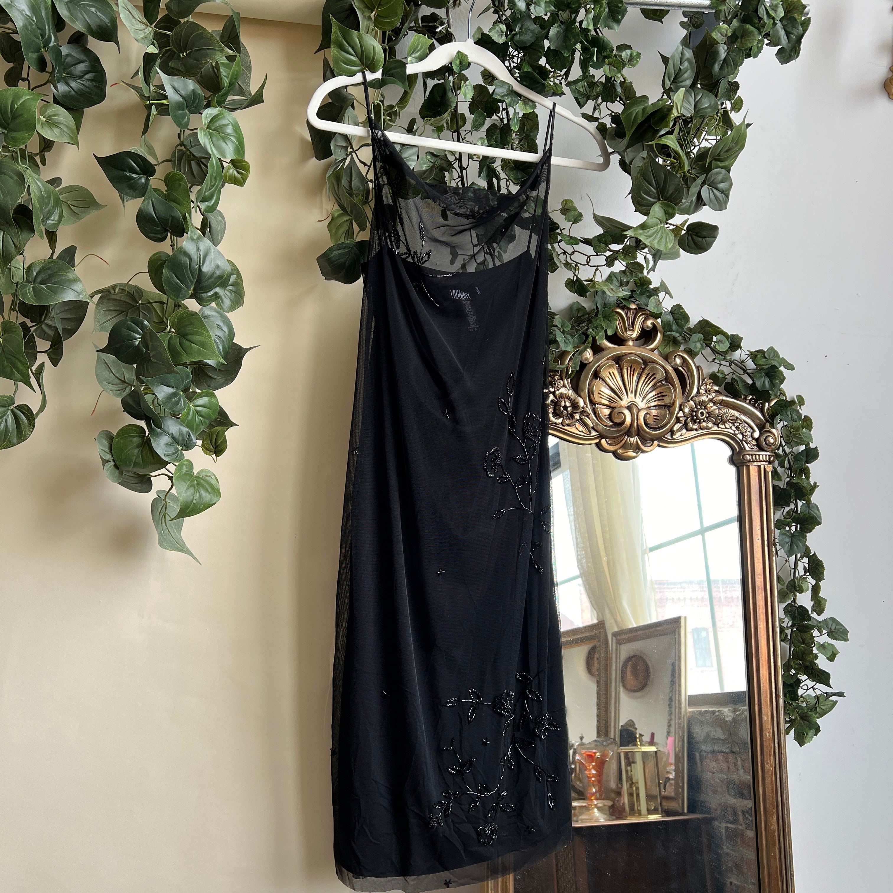 00s black beaded mesh midi dress (M)
