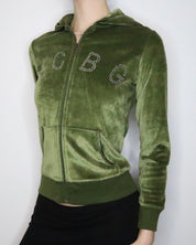 Green Velour Zip Up Hoodie (S-M)