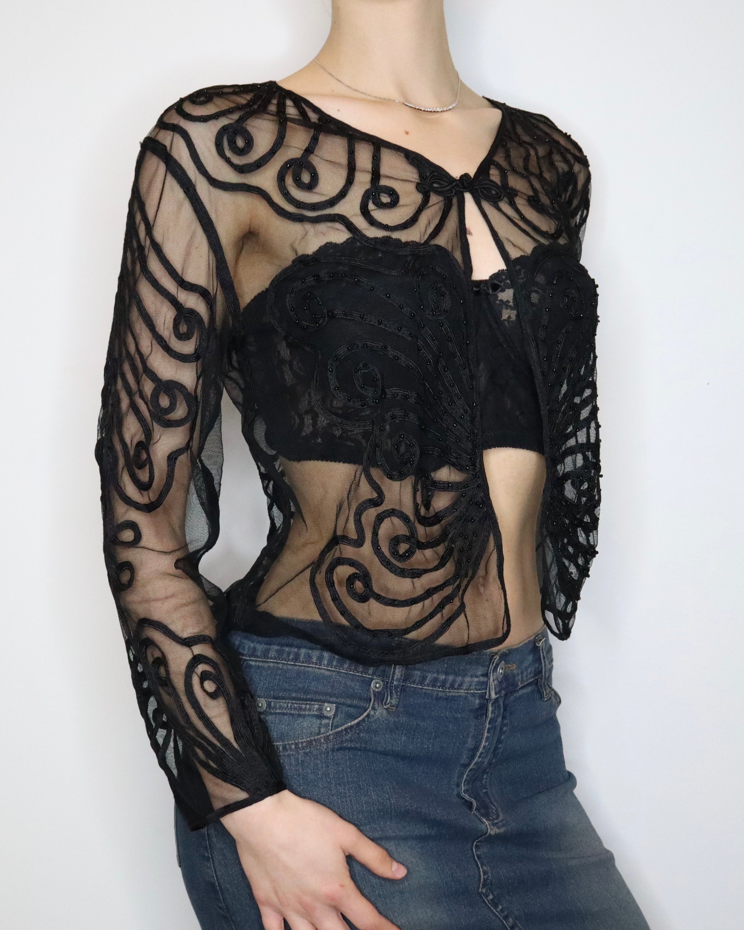 Black Beaded Mesh Top (Medium)