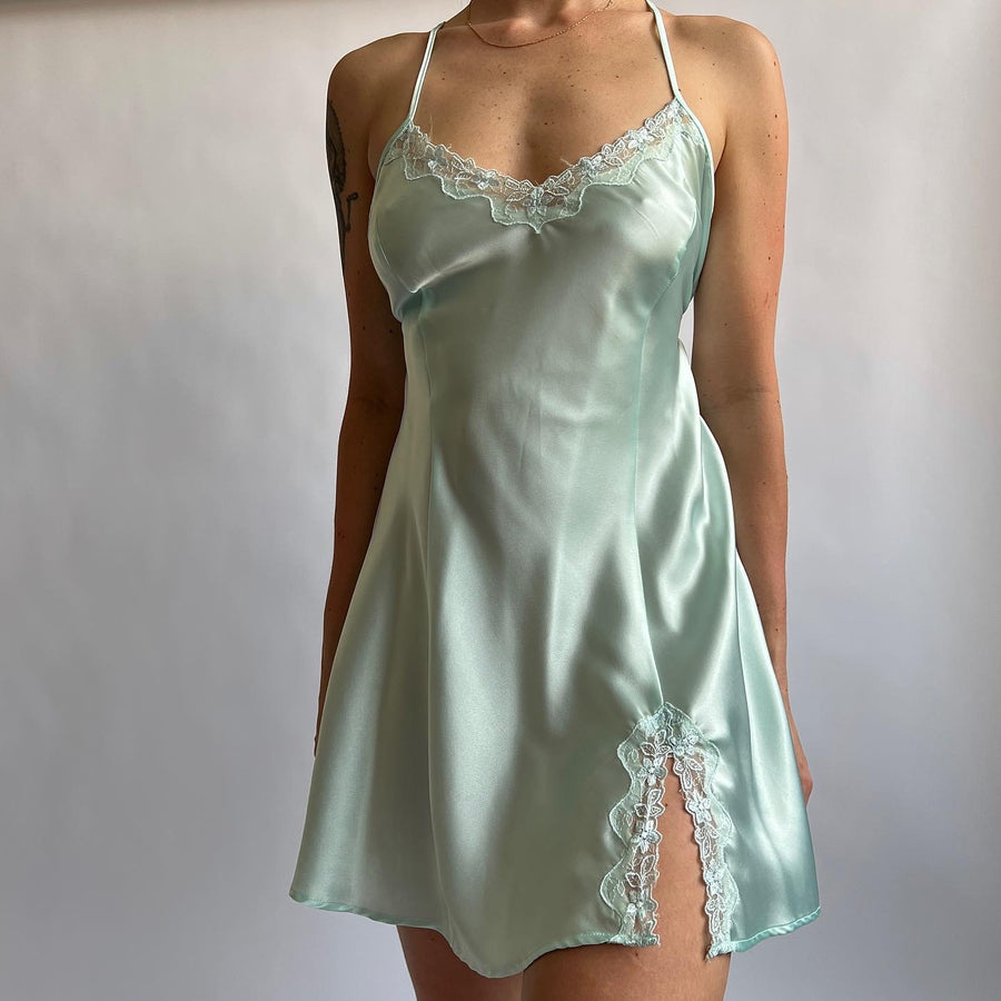 Satin cyan mini slip (M/L)